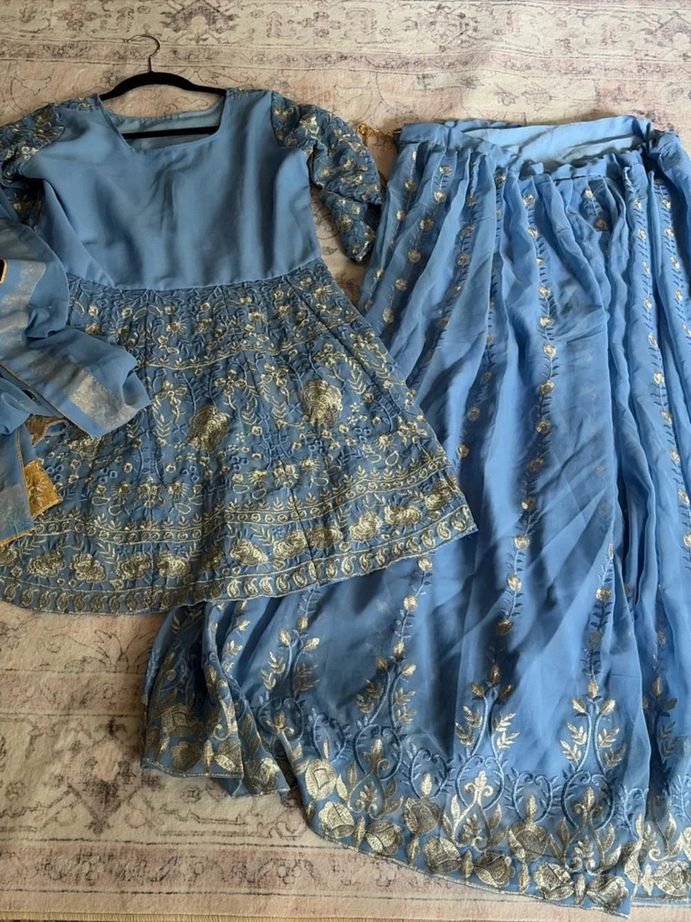 Embroidered Sky Blue Lehenga Set with Gold Threadwork